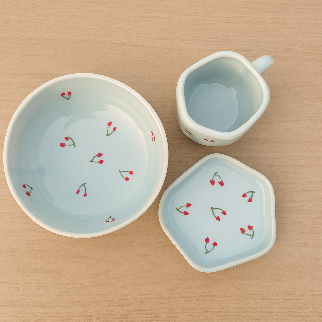 Cherry Kiss Breakfast Set ( Mug, Plate and  Bowl)