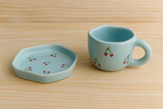Cherry Kiss Mug and Plate - Blue (set of 2)