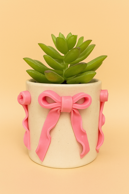 Pink Bow Indoor Planter with Clay Art